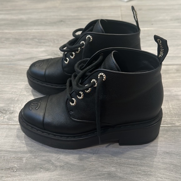 Chanel Black Leather Combat Ankle Boots, Women's (Size 38.5) - Picture 2 of 9